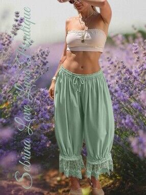 Romantic Victorian Inspired Mint Green Lace-Trim Pantaloon Bloomer Harem Pants